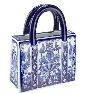 Exquisite Blue and White Chinoiserie Chinese Porcelain Bag  Vase 9 X 7 In